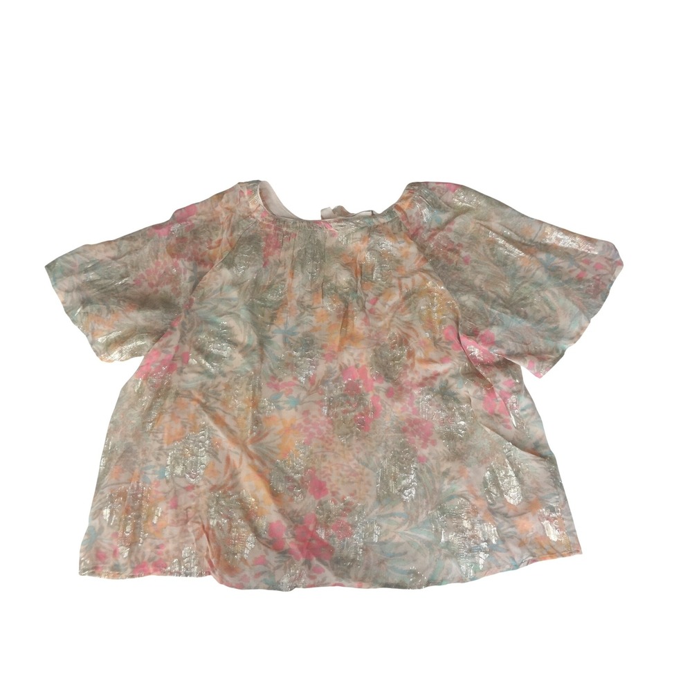 Loft Shimmer Floral Metallic Blouse Women's 2XL Silver Pink Green Pastel